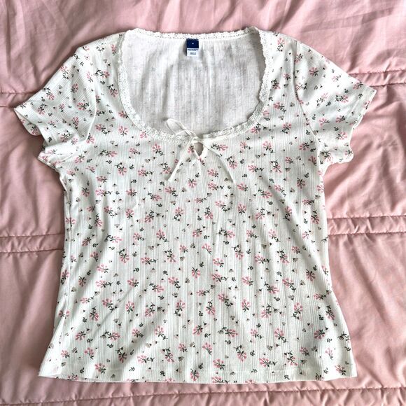 Old Navy White And Pink Floral Scoop Neck Top With Lace And Bow Size Medium - Picture 1 of 6